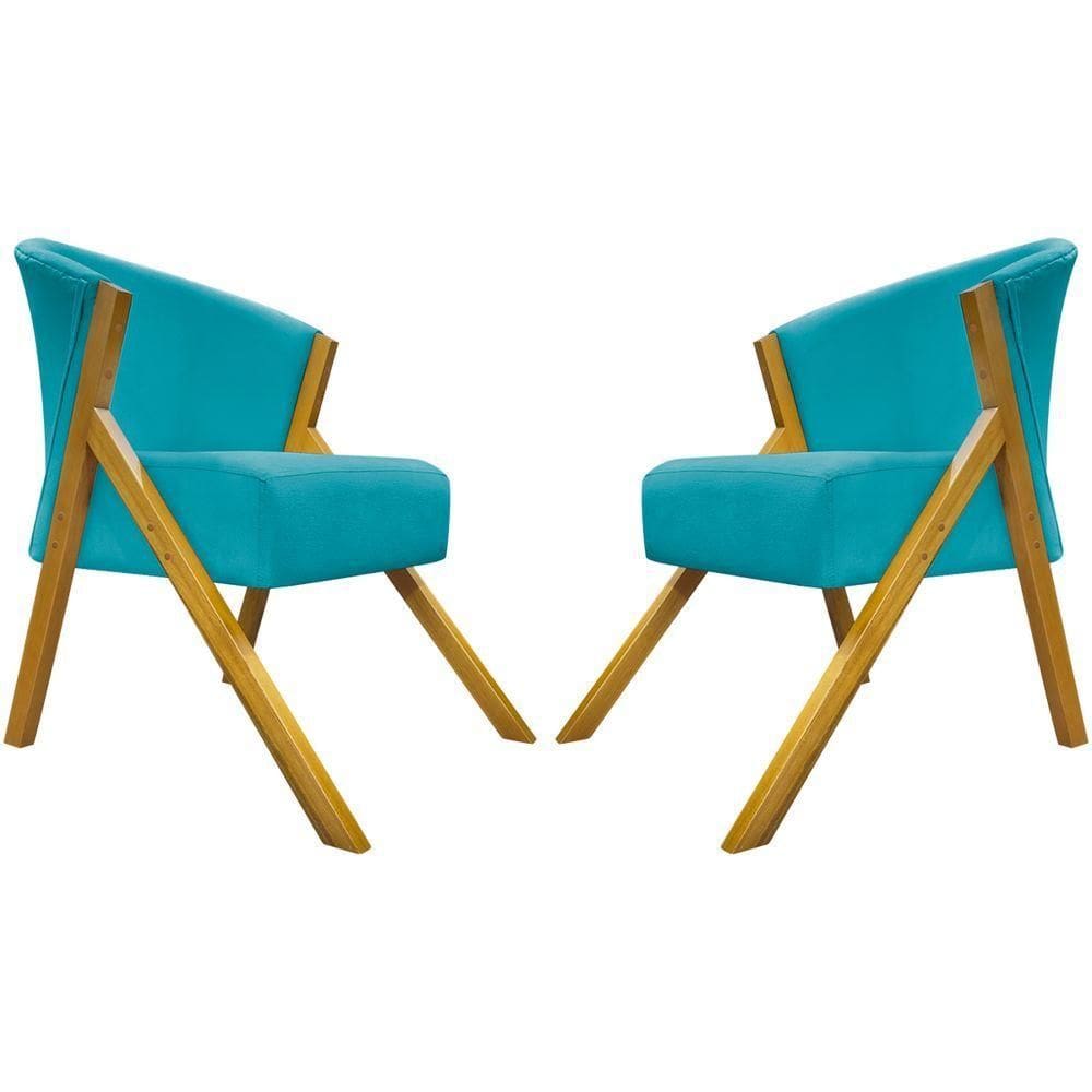 Kit 2 Poltronas Decorativa You Suede Braça Amadeirada - Azul-turquesa Suede