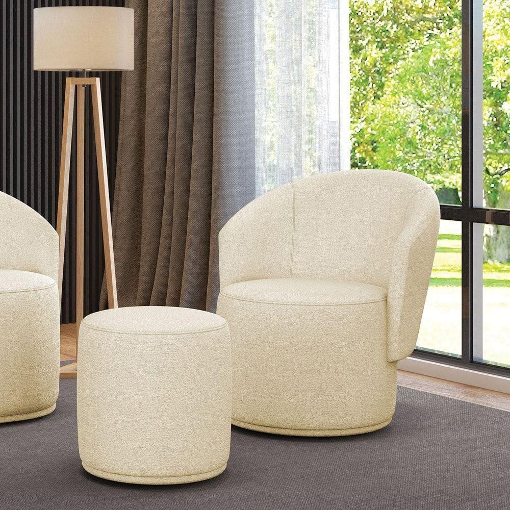 Poltrona E Puff Redondo Orgânico Para Sala Malu Bouclê M11 - D`rossi Terra