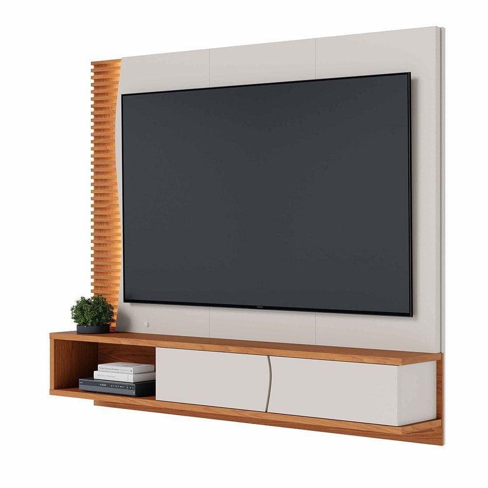 Painel Tv 65 Pol 180cm Bancada Suspensa Ripado Manacá C04 - D`rossi Cor Off White Matte E Freijó