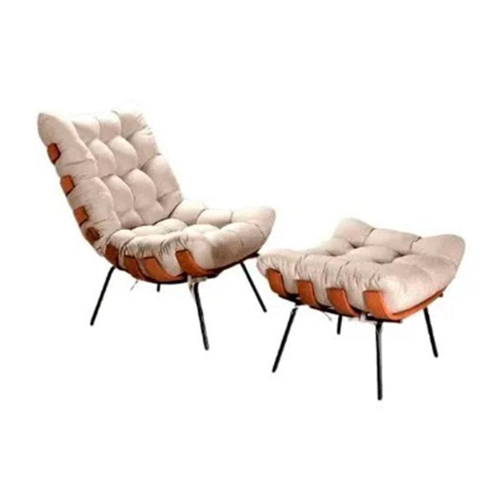 Poltrona Costela Com Puff Tecido Linho Off White