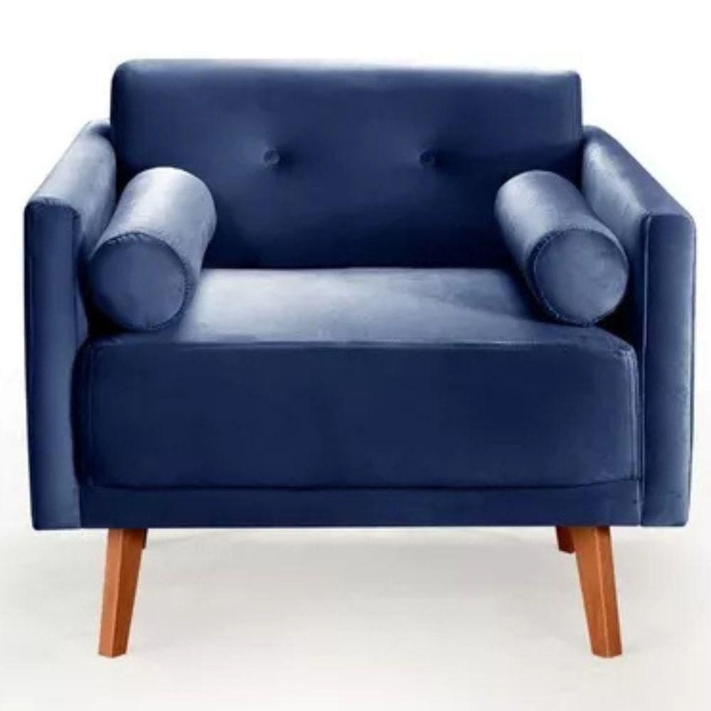 Poltrona Decorativa Luma Suede Azul Marinho Com Pés Em Madeira