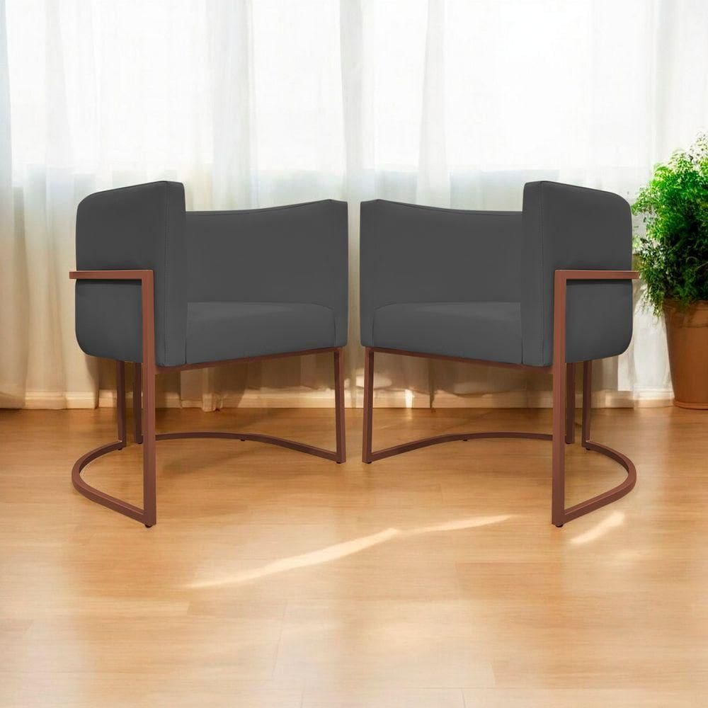 Kit 2 Poltronas Recepção Luna Base De Ferro Bronze - Cinza Corino