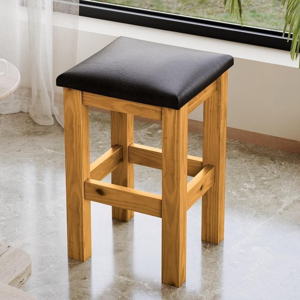 Banquinho Baixo De Madeira Maciça Mel Com Assento Estofado Preto Mel C-estofado Corano Preto