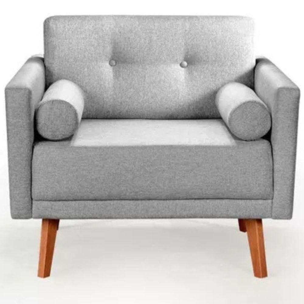 Poltrona Decorativa Luma Linho Cinza Com Pés Em Madeira