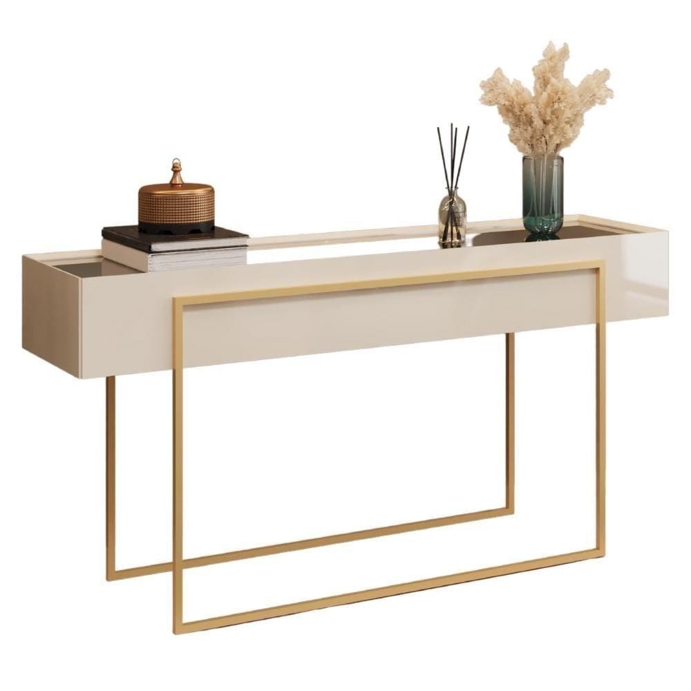 Aparador Tampo Espelhado 137 Cm Pes Metal Kika Off White Dourado Dj Moveis