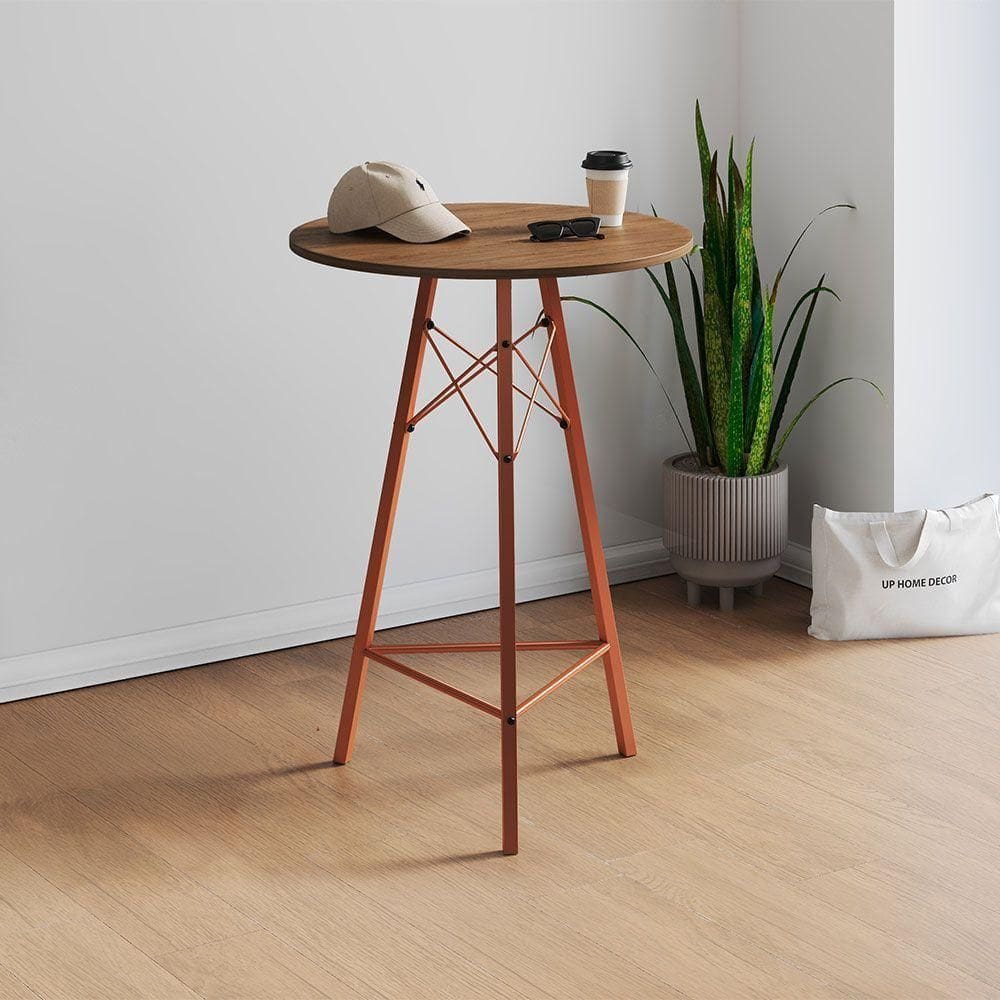 Mesa Bistrô Redonda Estrutura Em Ferro Cobre Com Tampo Freijó