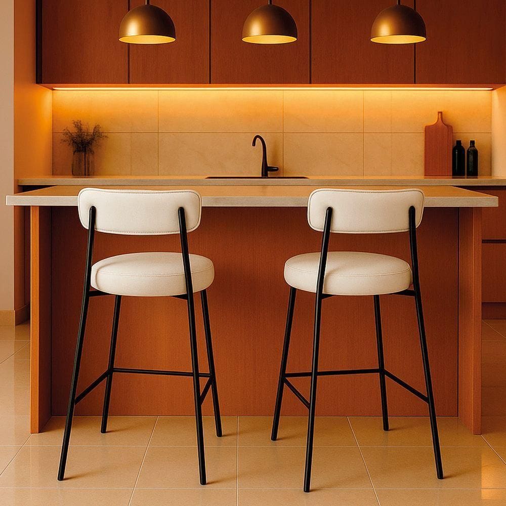 Banqueta Cozinha Alta Com Encosto Industrial Preto Kit 2 Londres Pu D03 - D`rossi Branco