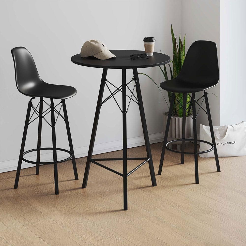 Conjunto Mesa Bistrô Redonda Estrutura Em Ferro Preto Com Tampo Preto Com 2 Banquetas Eames Preta