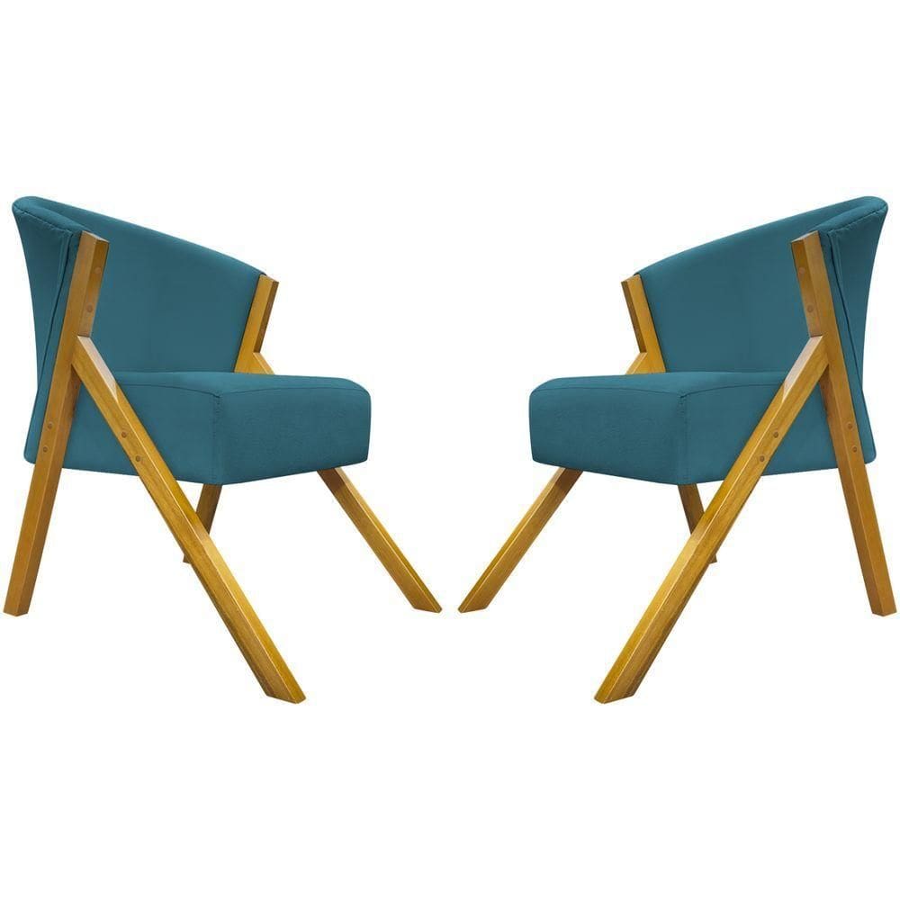 Kit 2 Poltronas Decorativa You Suede Braça Amadeirada - Azul-marinho Suede