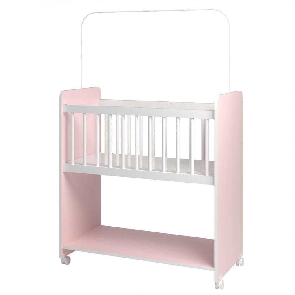 Berço Compacto Portátil Para Bebê Com Rodízio Colchão Suporte E Prateleira Rosa Branco