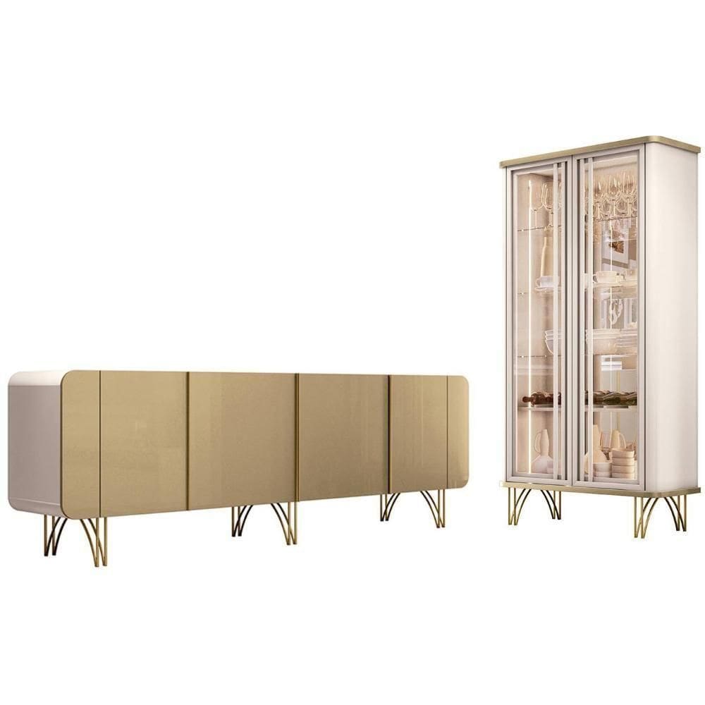 Balcão Buffet Piacente Com Cristaleira Alvora Off/champanhe H01 - Mpozenato