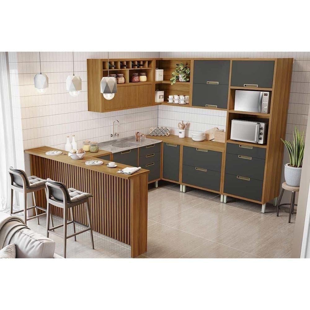 Cozinha Modulada Completa Imperatriz 9 Peças (3aéreos+4balcões+1torrequente+1ilha) C9p62 Freijo-grafite - Nesher