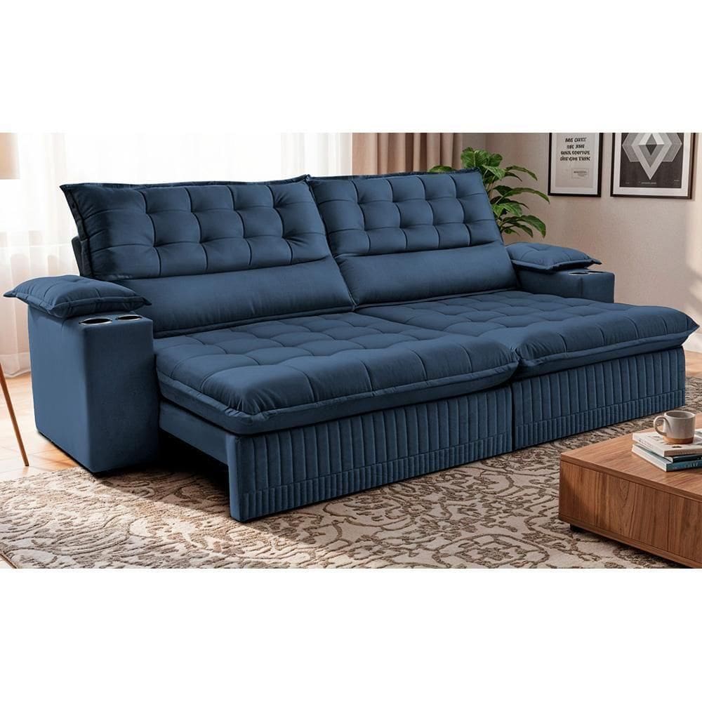 Sofá Retrátil E Reclinável 2,80m Molas Ensacadas Dream. Velusoft Cama Inbox Azul
