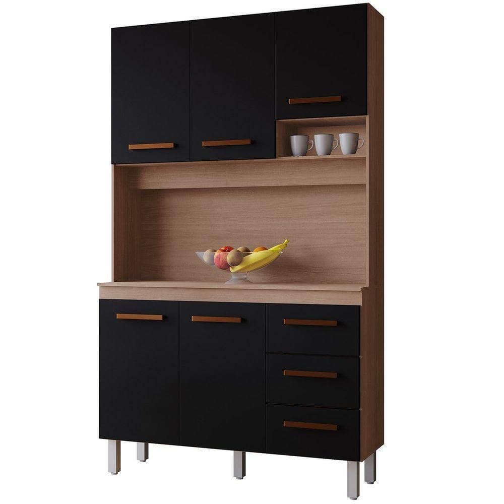 Kit De Cozinha 5 Portas 3 Gavetas Com Nicho Vitorina Savana / Preto