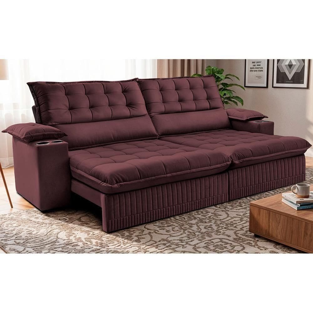 Sofá Retrátil E Reclinável 2,60m Molas Ensacadas Dream. Velusoft Cama Inbox Vinho