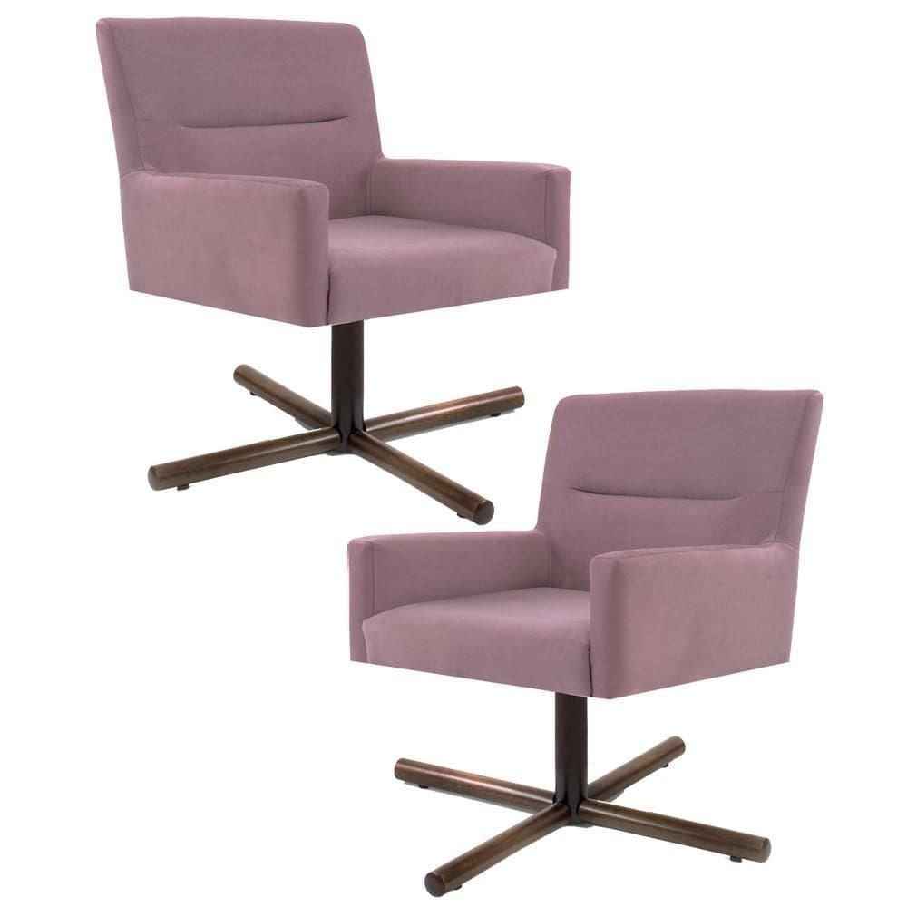 Kit 2 Poltronas Decorativas Giratórias Base Xis Madeira Angel Veludo C-305 Rosa - Domi