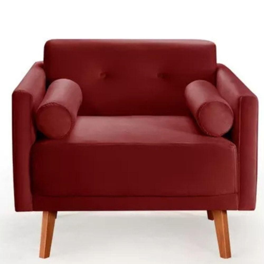 Poltrona Decorativa Luma Suede Bordô Com Pés Em Madeira