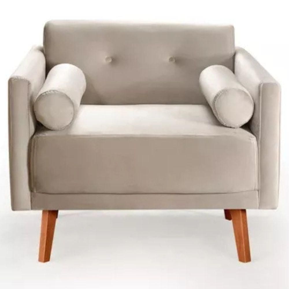 Poltrona Decorativa Luma Suede Bege Claro Com Pés Em Madeira