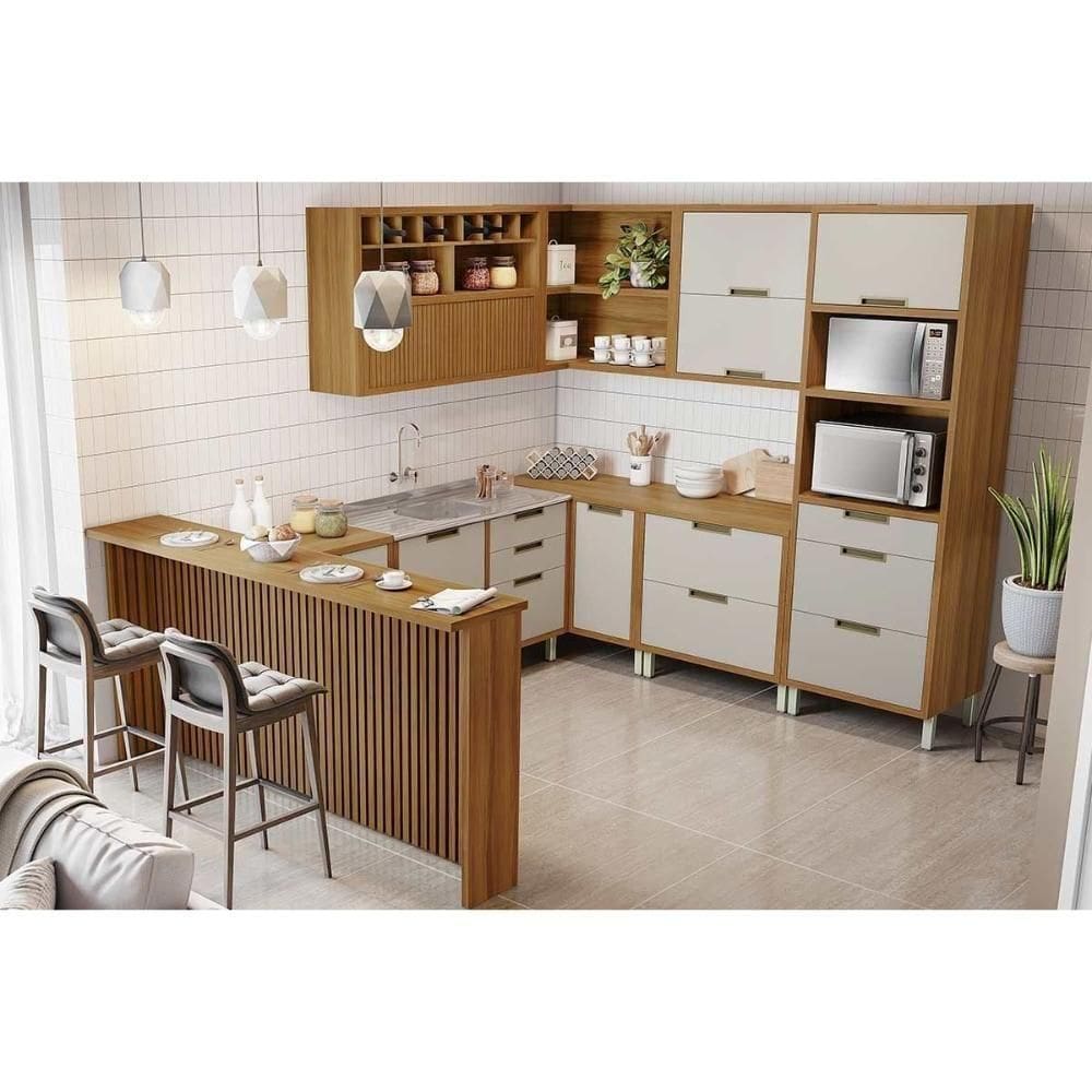 Cozinha Modulada Completa Imperatriz 9 Peças (3aéreos+4balcões+1torrequente+1ilha) C9p62 Freijo-off White - Nesher