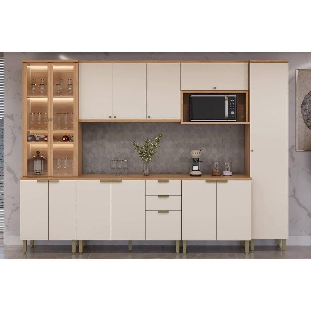 Cozinha Completa Selene 6 Peças (2aéreos+2balcões+1cristaleira+1paneleiro) Cp18 Jequitiba-off White Fosco - Linea