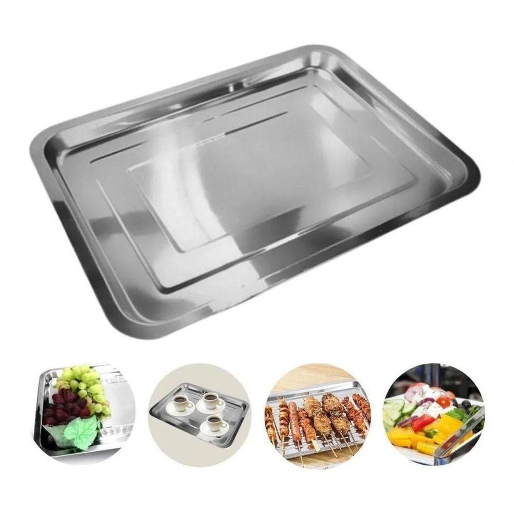 Bandeja Retangular Em Aço Inox 40x30cm Rasa Para Café, Saladas E Porções – Elegância E Resistência Profissional