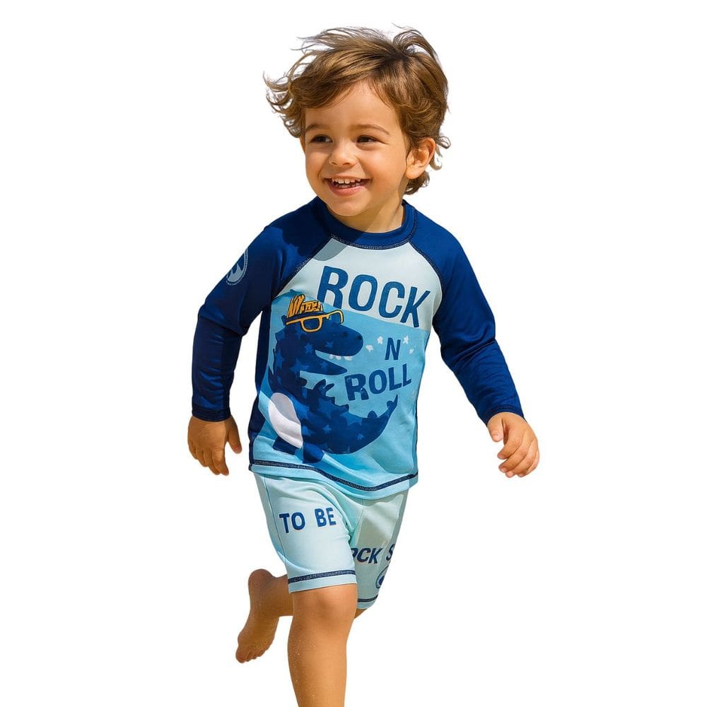 Kit Praia Infantil Dino Azul Menino Manga Longa UV Proteção