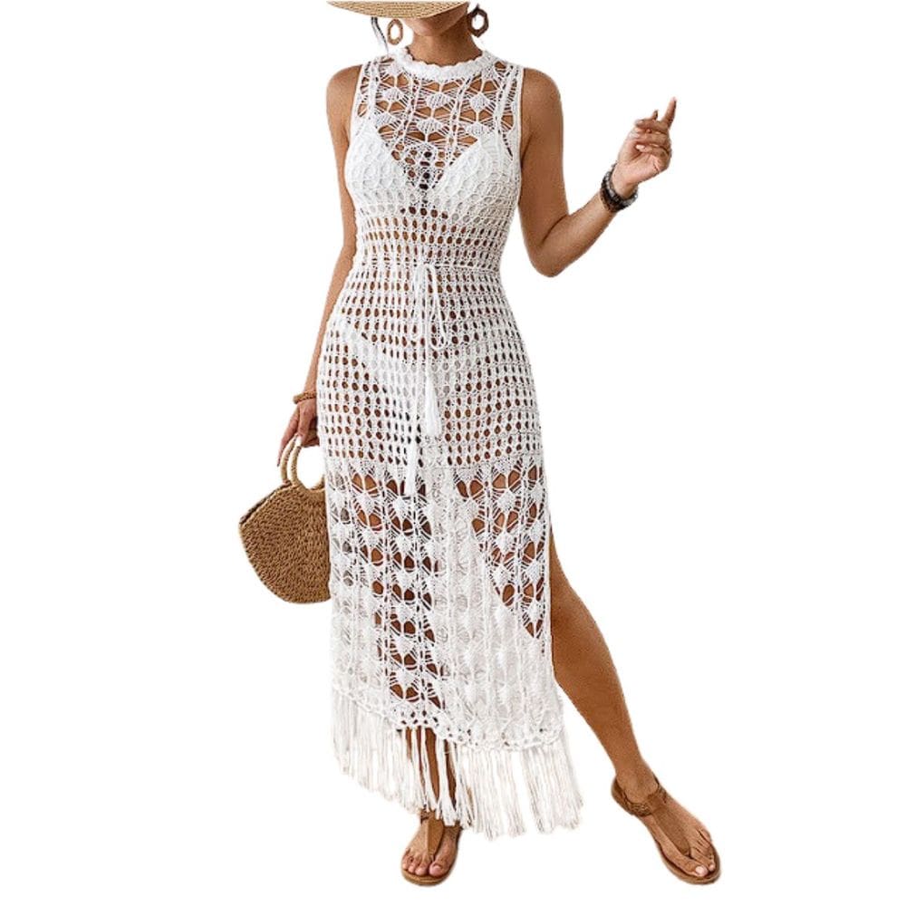 Vestido Saída De Praia Longo Em Crochê Com Franja Feminino