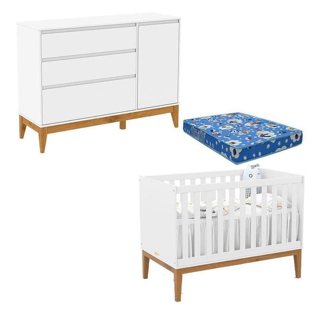 Berço Americano Unique e Cômoda com Porta Nature Clean Branco Soft Eco Wood com Colchão Ortobom – Matic