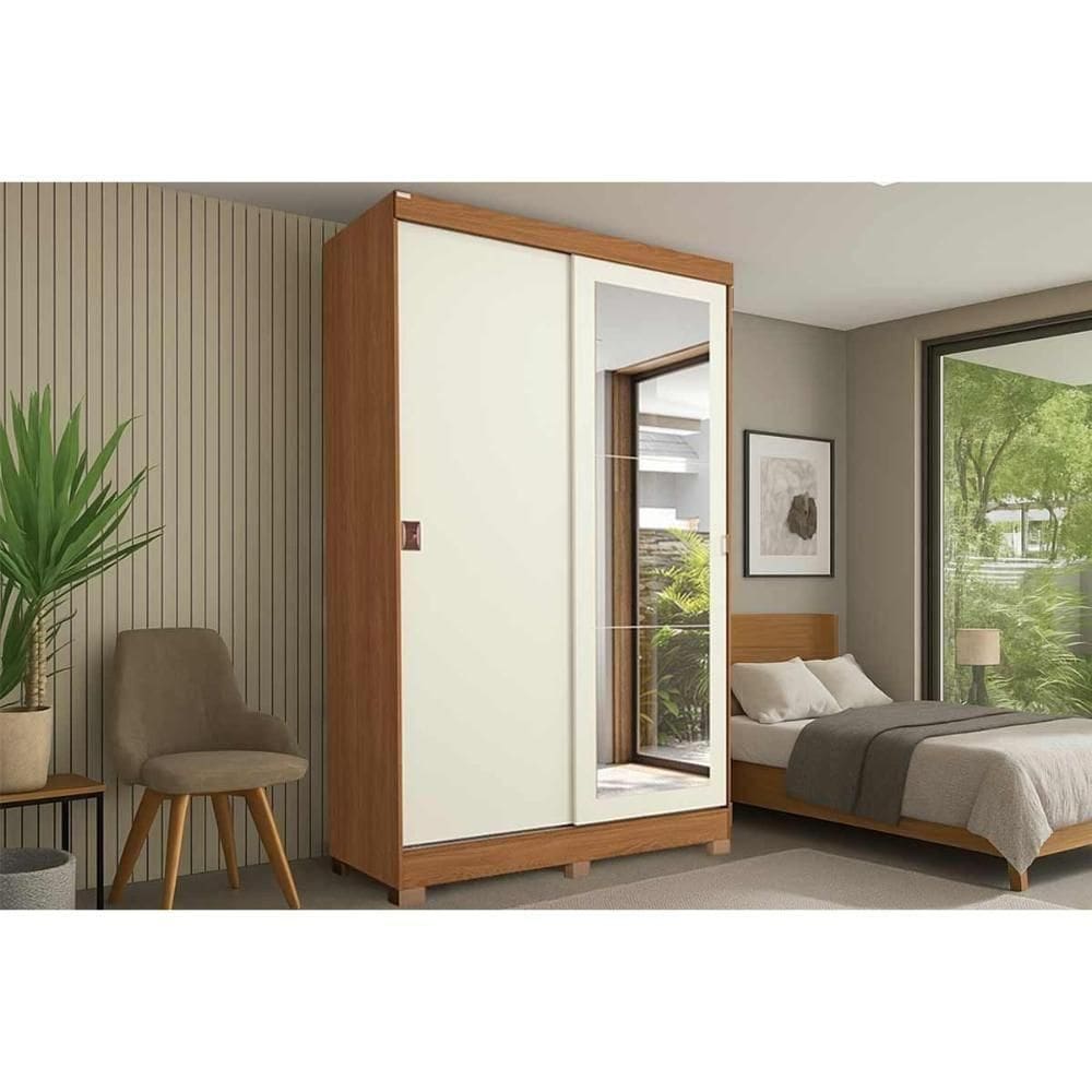 Guarda Roupa Solteiro 2 Portas De Correr (1 C/ Espelho) E 2 Gavetas C/ Pés Cb01r588 Canela/off White - Kappesberg