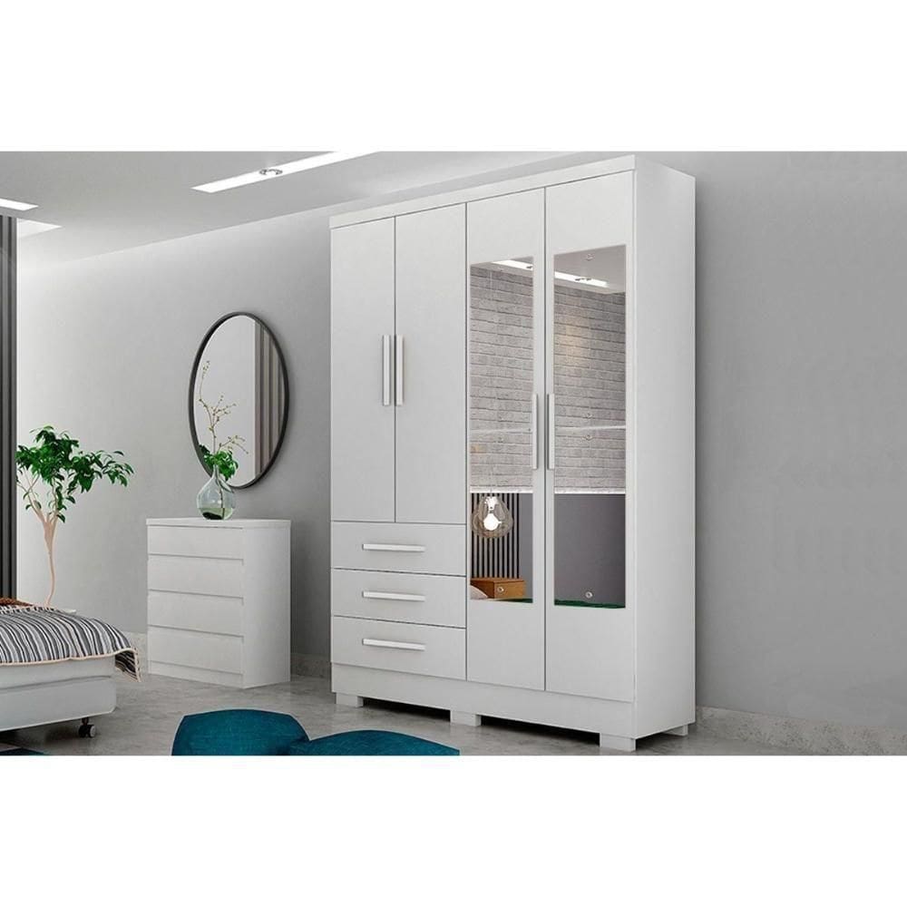 Guarda Roupa Solteiro 4 Portas (2 C/ Espelho) E 3 Gavetas C/ Pés Encanto/berlim Neve - Novo Horizonte