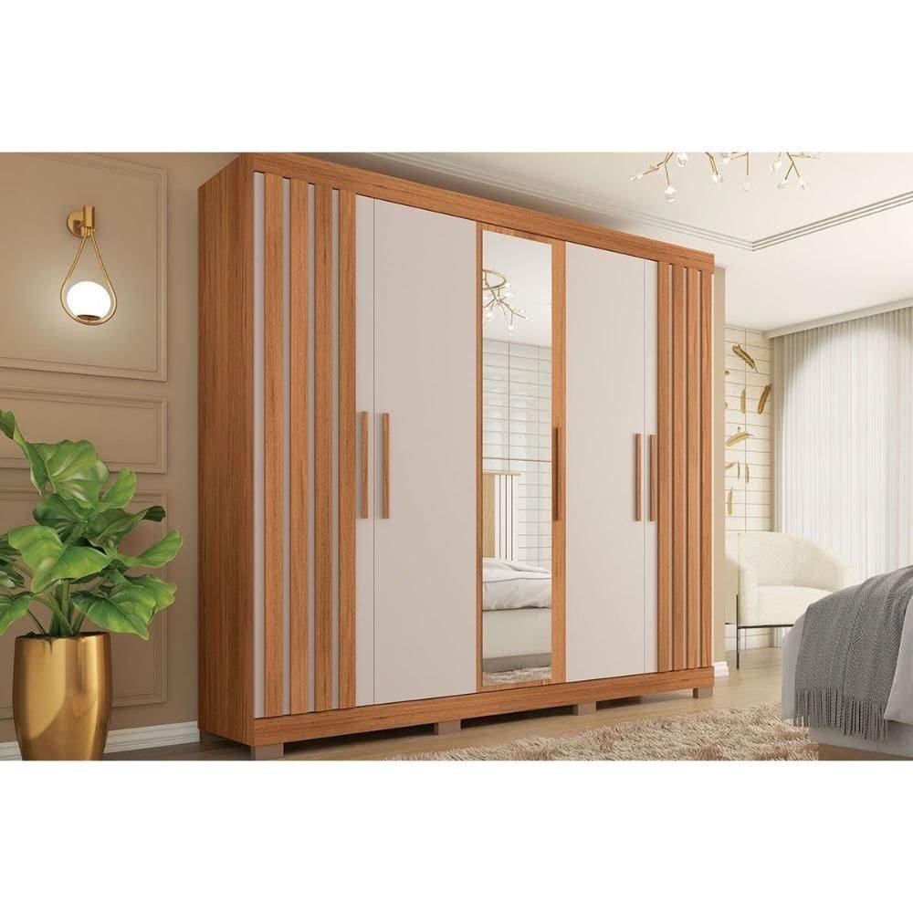 Guarda Roupa Casal 5 Portas E 2 Gavetas C/ Espelho Sophia Lux Freijo/off White - Caemmun
