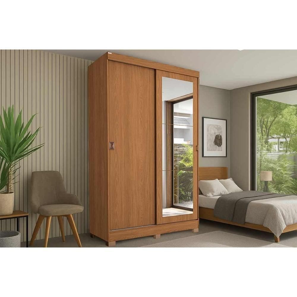 Guarda Roupa Solteiro 2 Portas De Correr (1 C/ Espelho) E 2 Gavetas C/ Pés Cb01r588 Canela - Kappesberg