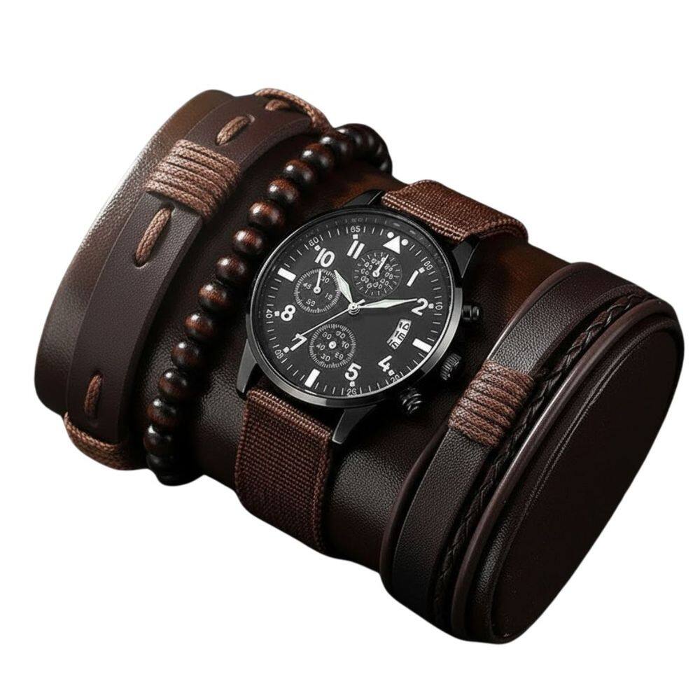 Kit Relógio Masculino Marrom com Pulseiras Premium Moda