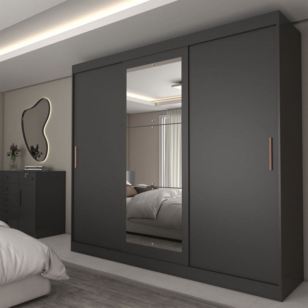Guarda-Roupa Casal Columbia 3 Portas 2 Gavetas com Espelho 100% Mdf Preto - Panorama Móveis