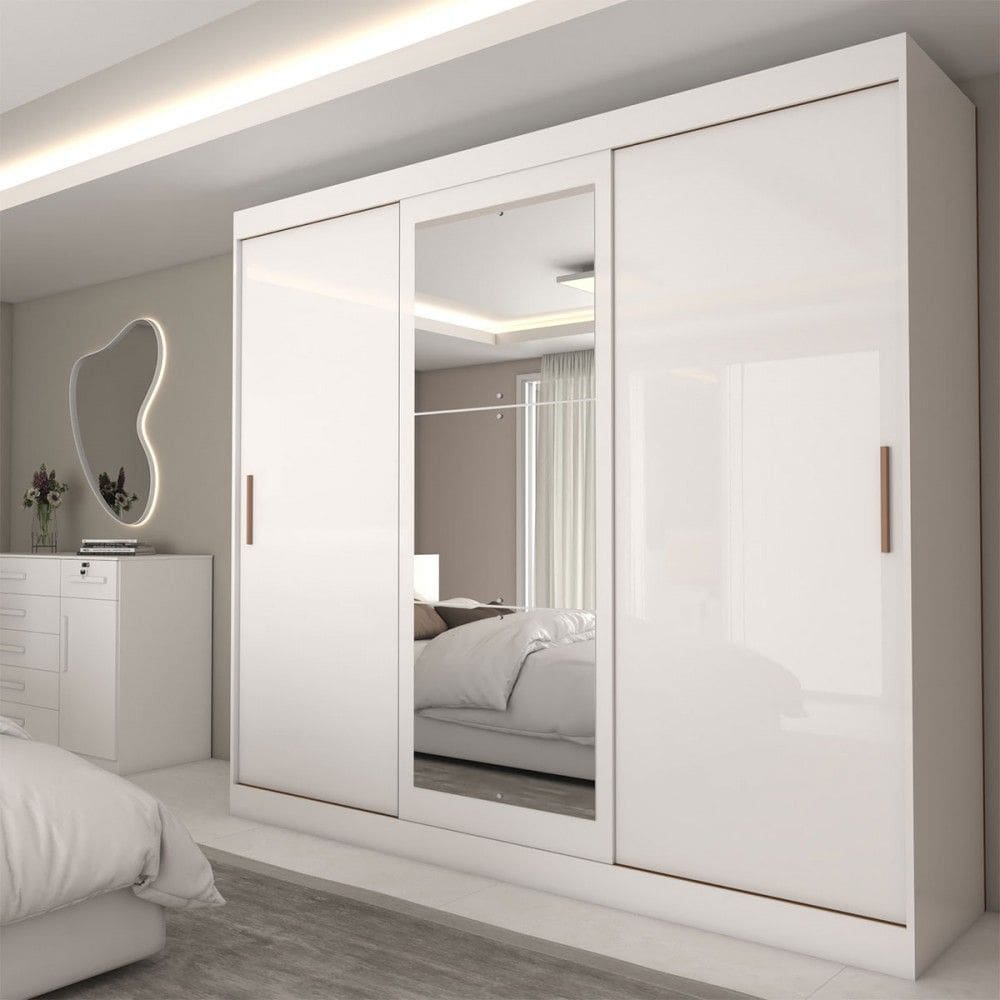 Guarda-Roupa Casal Columbia 3 Portas 2 Gavetas com Espelho 100% Mdf Branco - Panorama Móveis
