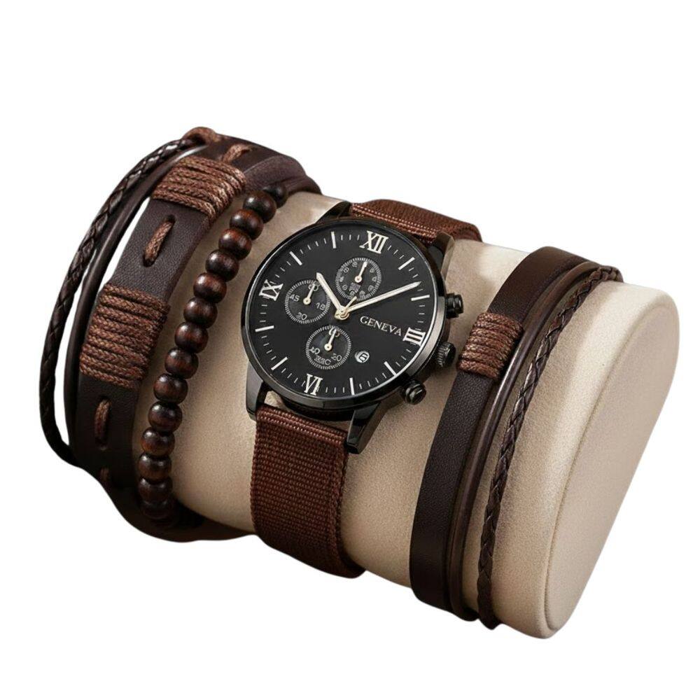 Kit Relógio Masculino Marrom Claro Pulseiras Premium Moda