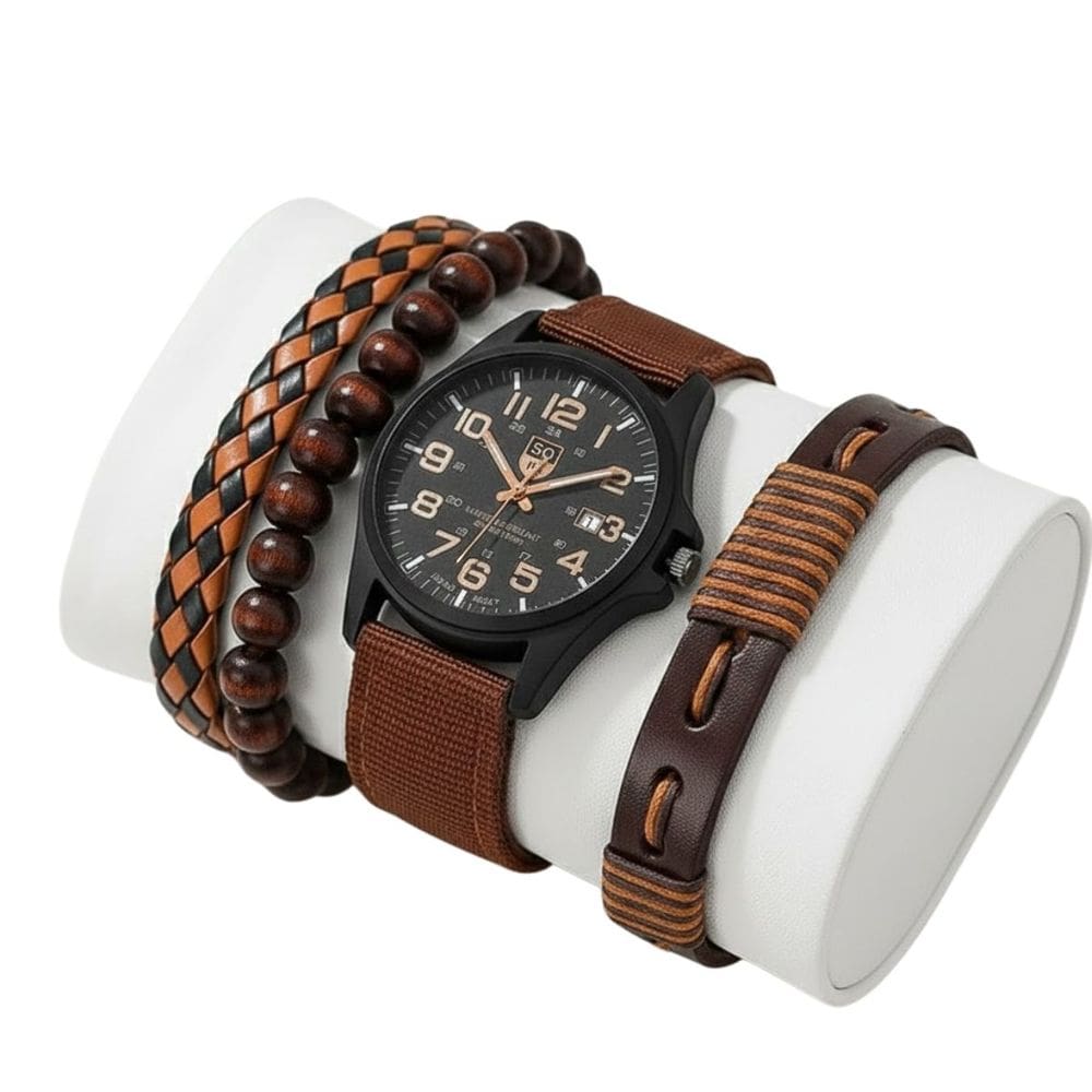 Kit Relógio Masculino com Pulseiras Couro e Madeira Moda
