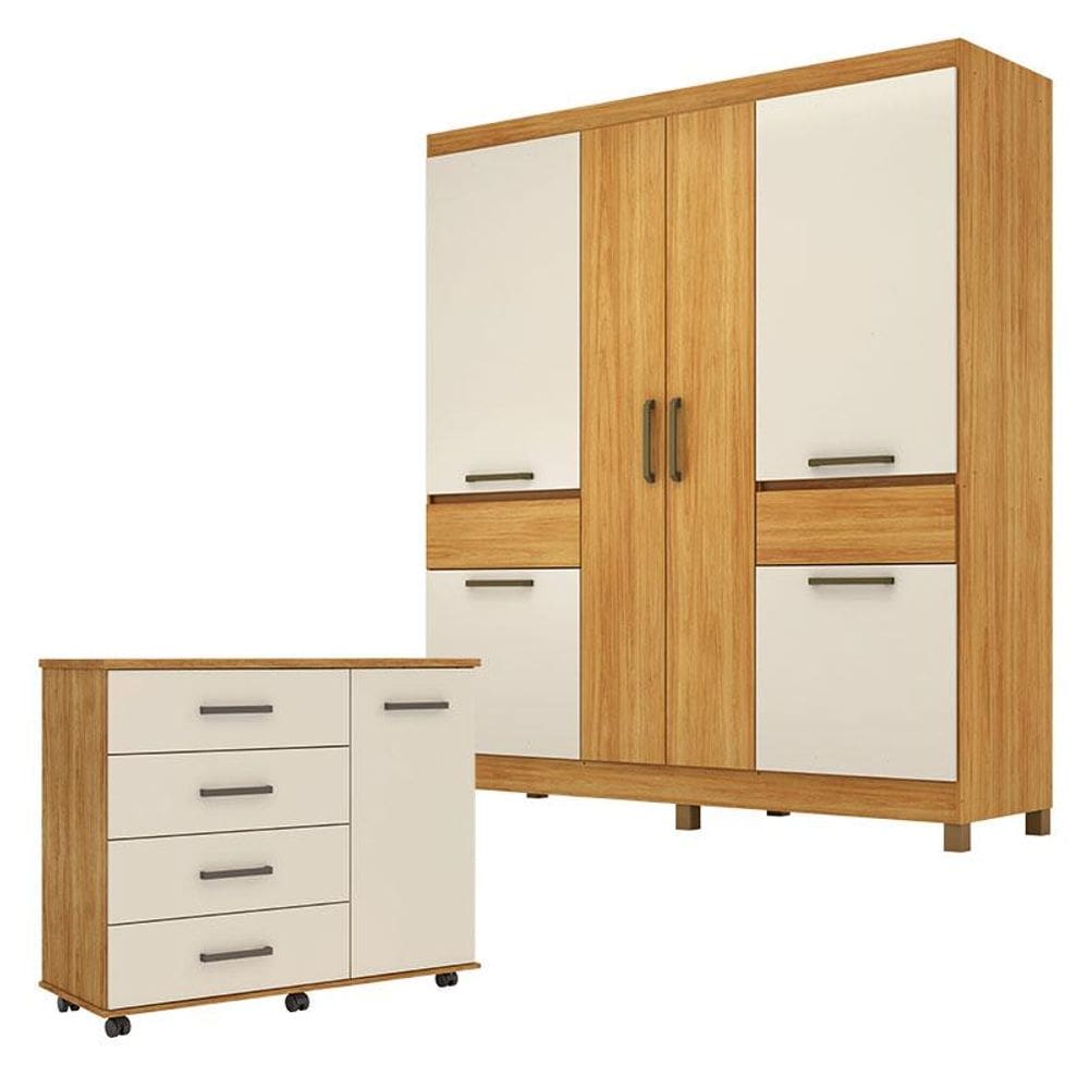 Cômoda Flora e Guarda Roupa Casal Mauá Cinamon Touch Off White - Demóbile