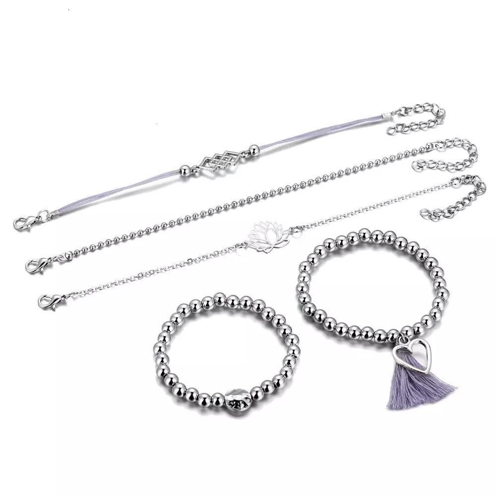 Pulseira 5 Peças Prateada Conjunto Coração Lótus J5512
