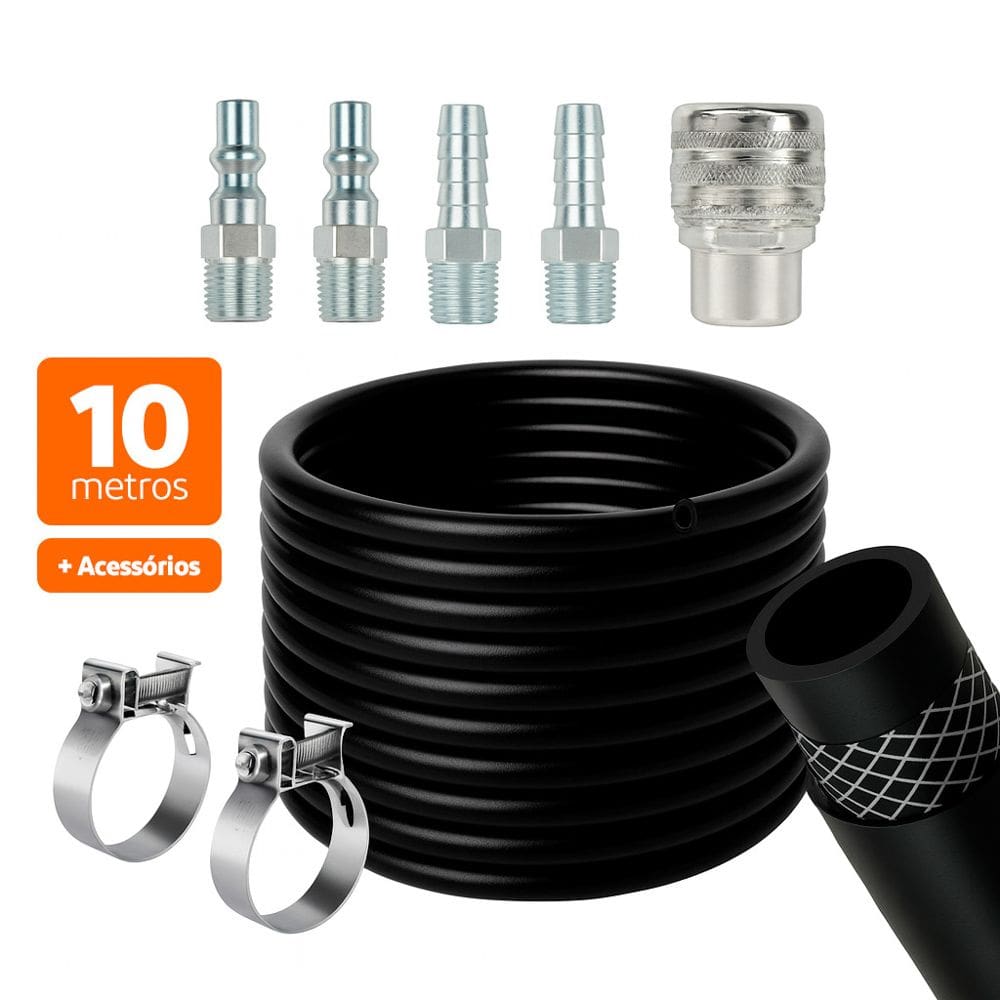Kit Mangueira de Ar 10 Metros para Compressor com Acessórios e Engate Rápido