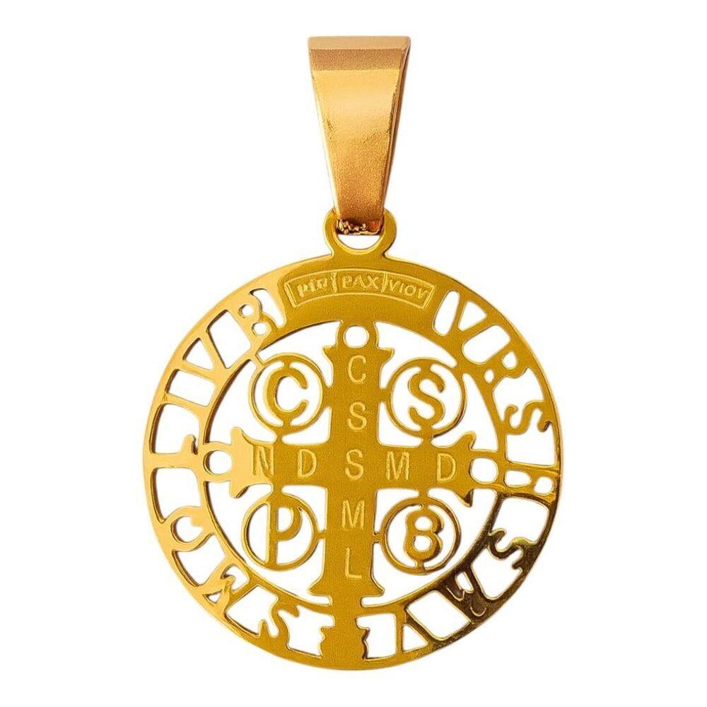 Pingente De São Bento Dourado Redondo De Aço Inoxidável 316L