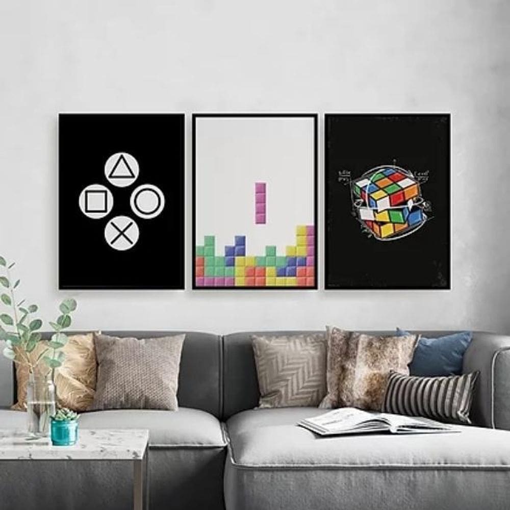 Kit Quadros Gamer Cubo Mágico Tetris 45X34Cm 3 Peças