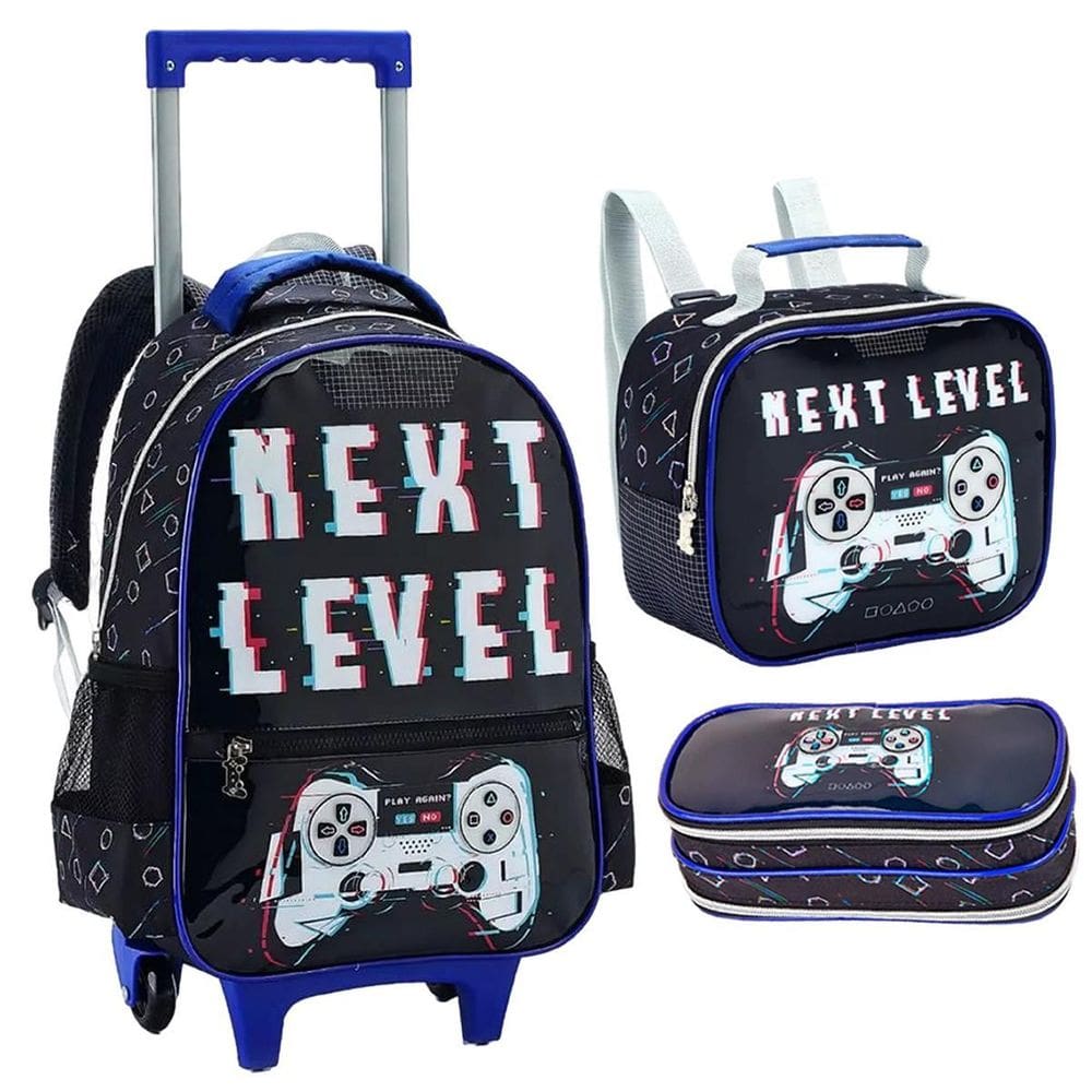 Kit Mochila De Rodinha Bolsa Estojo Lancheira Video Game