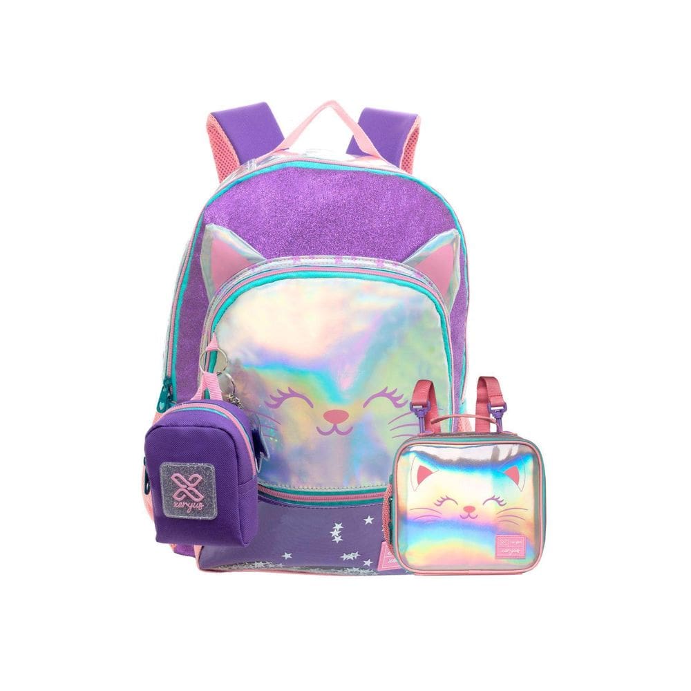 Kit Escolar Mochila Costas+Lancheira Térmica Gatinho Glitter