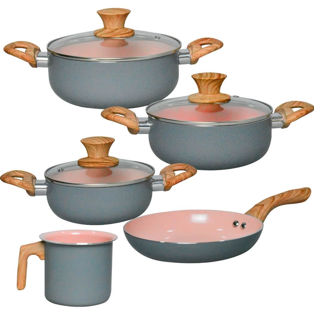 Jogo de Panelas Antiaderente de Indução Revestimento Cerâmica Verona Cinza 5 Peças - Rio Home