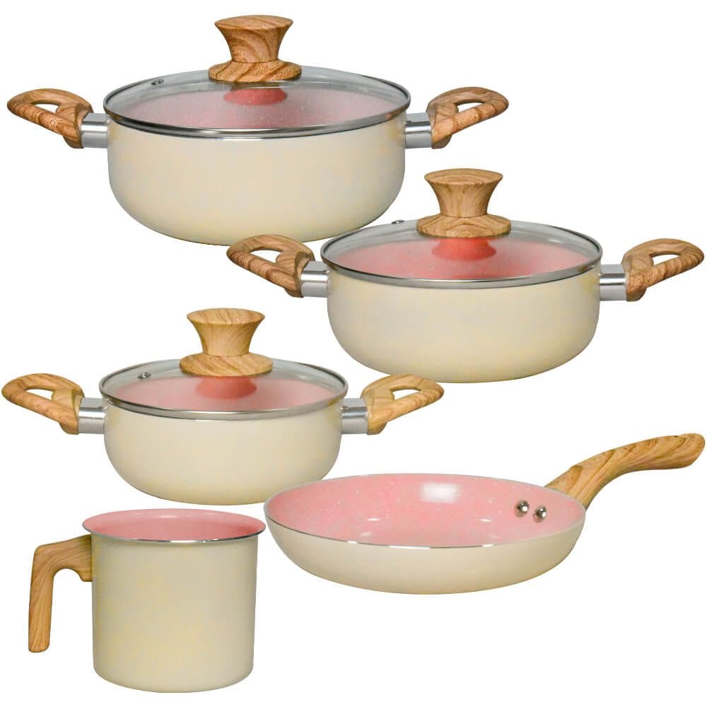 Jogo de Panelas Antiaderente de Indução Revestimento Cerâmica Verona Bege 5 Peças - Rio Home