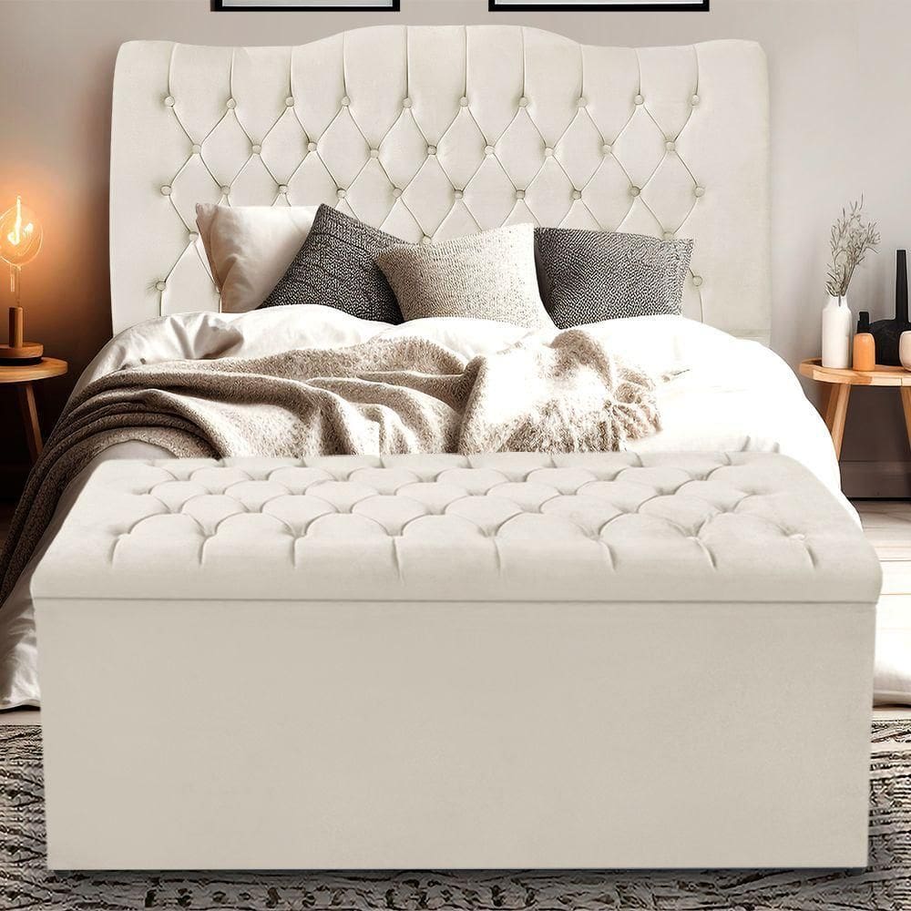 Kit Cabeceira E Calçadeira Baú Dunas Queen 160 Cm - Veludo Bege