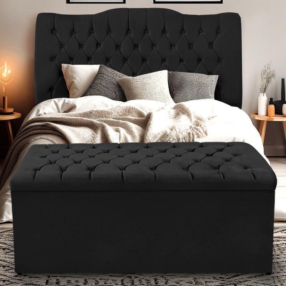 Kit Cabeceira E Calçadeira Baú Dunas Casal 140 Cm - Veludo Preto