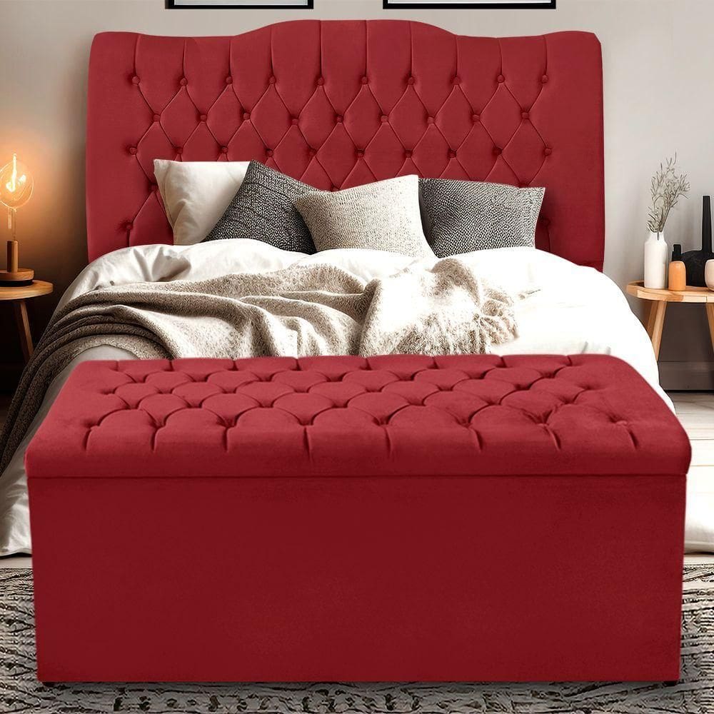 Kit Cabeceira E Calçadeira Baú Dunas Casal 140 Cm - Veludo Vermelho