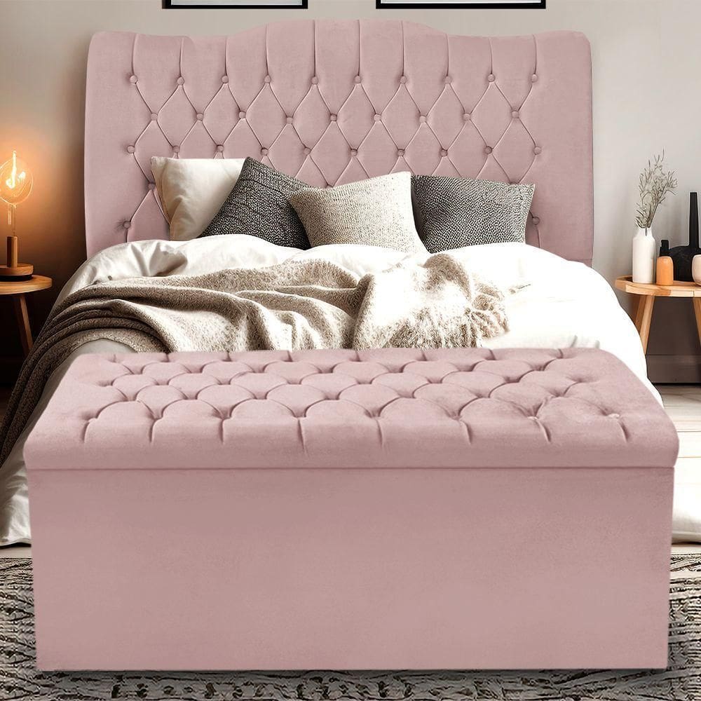 Kit Cabeceira E Calçadeira Baú Dunas Casal 140 Cm - Veludo Rose